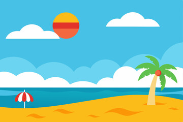 Obraz premium Vibrant tropical beach landscape with summer sun, sand, and ocean waves, a vector illustration ideal for vacation travel designs under a clear sky