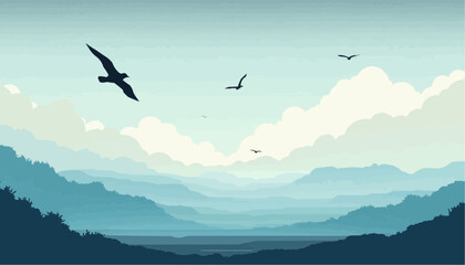 Birds flying over blue mountain landscape
