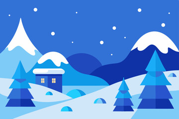 Fototapeta premium Serene Winter Landscape Snowy Mountains, Cozy Cabin, and Frosty Pines