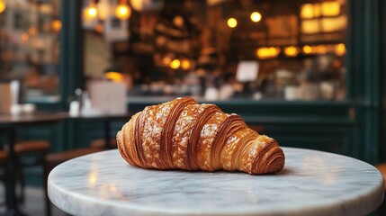 A freshly baked croissant rests on a marble table in a cozy, warmly lit cafe setting with blurred background lights.