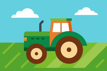 Farm Tractor Illustration  A Vibrant Green and Orange Tractor in a Lush Green Field