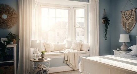 Fototapeta premium Sun-drenched bohemian bedroom interior with a cozy bay window seat creating a serene and comfortable home atmosphere.