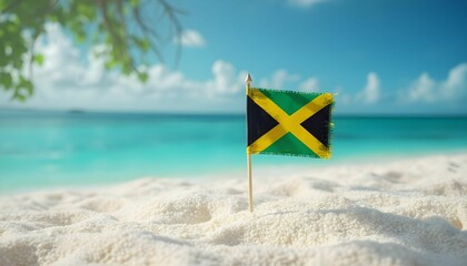 Fototapeta premium Bright Jamaican flag stands on a sandy beach under a clear sky near turquoise waters during a sunny afternoon Generative AI