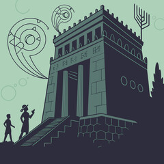 Illustration of a temple with figures and abstract designs in a stylized and artistic manner