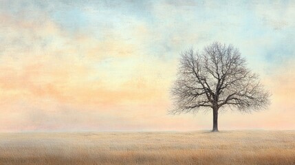 Fototapeta premium Solitary Tree Standing Amidst a Serene Landscape Under a Beautiful Soft Colored Sky at Dawn or Dusk in a Peaceful Countryside Setting