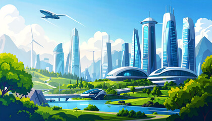 近未来都市、SFの異世界、飛行機が空を飛び交う景色の背景イラスト素材、生成AI画像