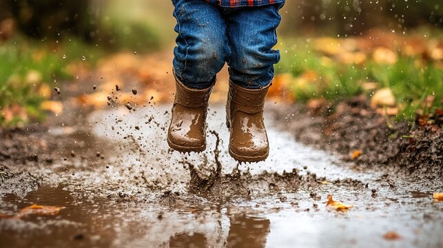 Child wearing boots jumps into a muddy puddle on a rainy day, splashing water and dirt around.