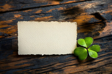 Note Card, Resting on a Wooden Table with a Small Clover Leaf