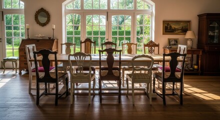 Sunlit Dining Room with Antique Furniture and Garden View
