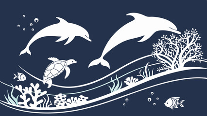 Obraz premium Two dolphins swimming with a turtle and fish in an underwater scene with coral and bubbles design