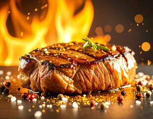Close-up na idealnie usmażony ribeye steak, sok z mięsa, sól i pieprz,