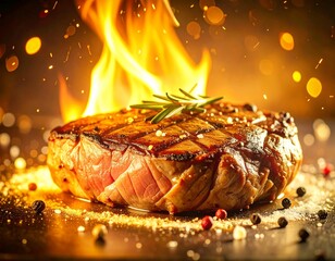 Close-up na idealnie usmażony ribeye steak, sok z mięsa, sól i pieprz,