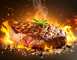 Close-up na idealnie usmażony ribeye steak, sok z mięsa, sól i pieprz,