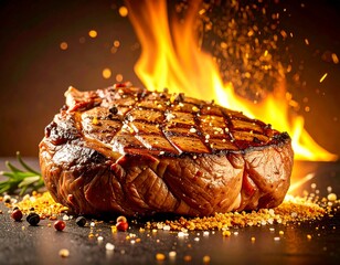 Close-up na idealnie usmażony ribeye steak, sok z mięsa, sól i pieprz,