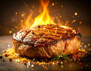 Close-up na idealnie usmażony ribeye steak, sok z mięsa, sól i pieprz,
