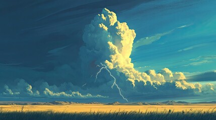 Dramatic Lightning Strike Illuminates Majestic Cloud Formation Over Tranquil Prairie Landscape Under Expansive Blue Sky at Dusk
