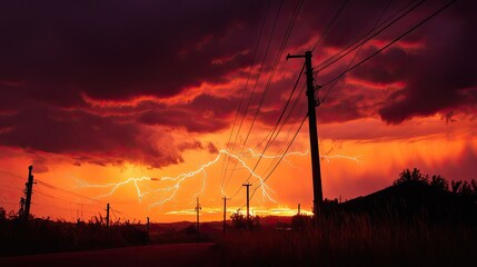 Dramatic Lightning Strike Against an Orange Sky with Silhouetted Power Lines and Dark Storm Clouds at Dusk, Nature's Fury Unleashed in Vibrant Color