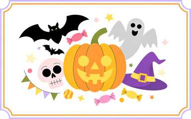 A flat, minimalist Halloween icon set arranged on a white background with an orange border.