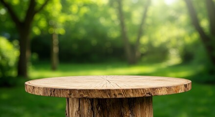 Naklejka premium A wooden stump table sits outdoors with a blurred forest background