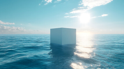 A solitary geometric cube floating serenely in the middle of a vast ocean under a bright sky
