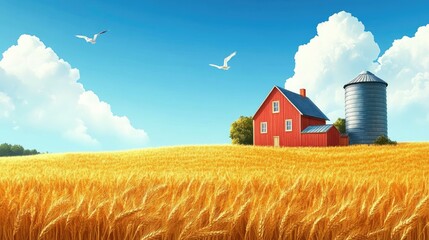 Vibrant Golden Wheat Field with Red Barn and Silos Under Clear Blue Sky and Fluffy White Clouds, Perfect for Agriculture Themes and Countryside Views