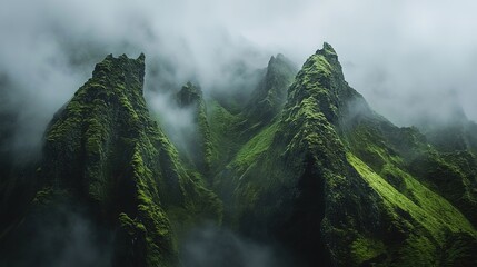 Mist envelops sharp, moss-covered mountain peaks, creating a mysterious and dramatic natural landscape.