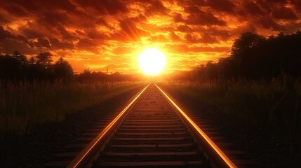 Scenic Sunset Over Railway Tracks with Golden Sun Rays and Dramatic Clouds in an Idyllic Outdoor Setting
