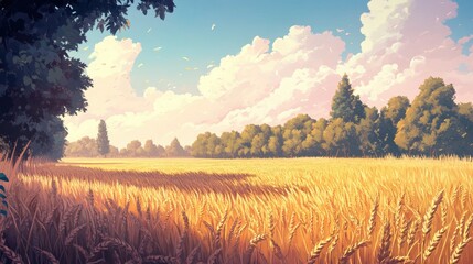 Serene Wheat Field Under Blue Sky with Fluffy Clouds and Lush Green Trees in Golden Evening Light Perfect for Nature and Rural Themed Art
