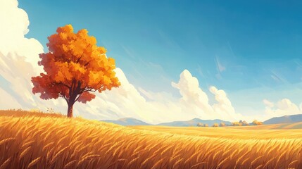 Majestic Fall Landscape Featuring Vibrant Orange Tree in Expansive Wheat Field with Beautiful Blue Sky and Fluffy White Clouds Above