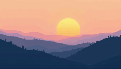 Obraz premium Mountain Sunset Landscape Illustration