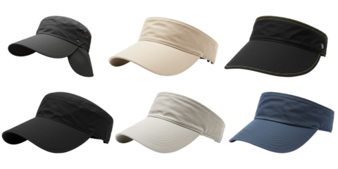 Stylish Visors: A collection of various visors showcasing different styles, designs, and colors, perfect for sun protection and fashion-forward outdoor activities.