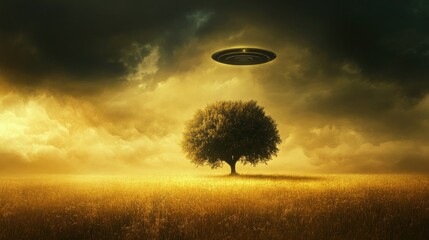 Mysterious UFO Over Lonely Tree in a Golden Field Under Dramatic Clouds at Dusk Creating an Atmosphere of Intrigue and Wonder