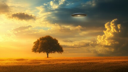 Mysterious UFO Over Golden Field and Lone Tree Under Dramatic Sunset Sky with Clouds, Exploring Themes of Adventure, Wonder, and the Unknown