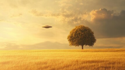 Sci-fi landscape with tree under mysterious flying object in golden field, ethereal clouds and warm sunlight creating a serene yet intriguing atmosphere