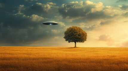 Surreal Landscape with a Lone Tree and a Mysterious UFO Hovering in the Sky Over a Golden Field of Wheat at Sunset
