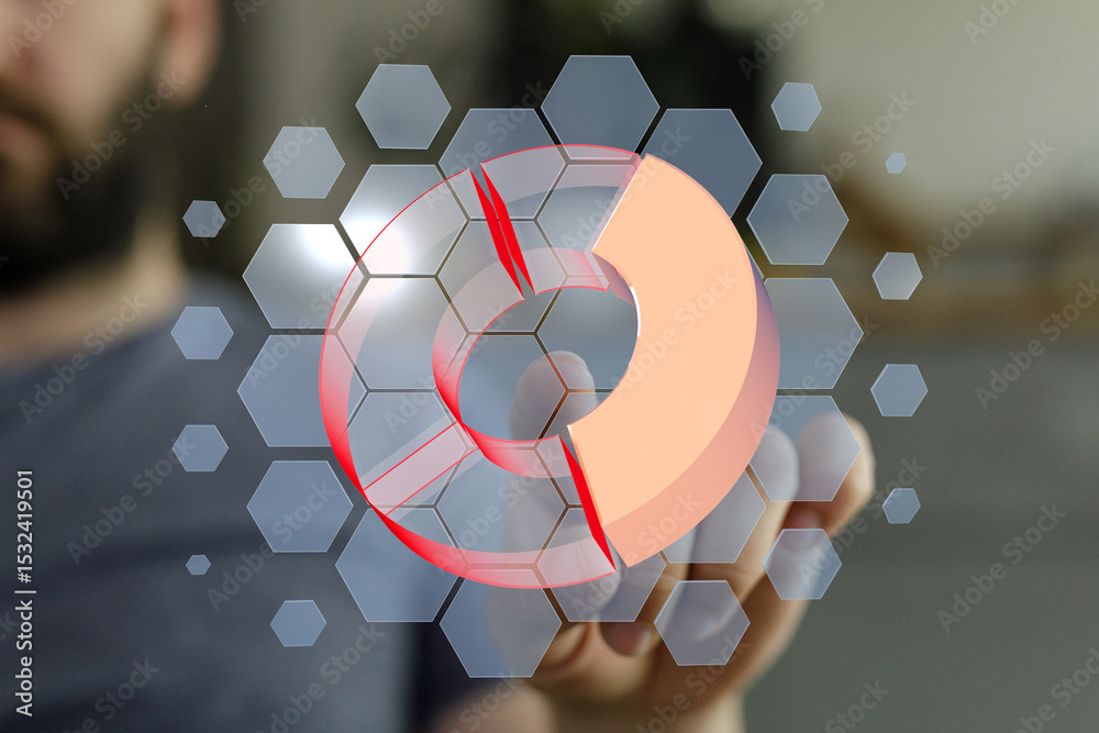 Poster Person interacts with a 3D pie chart on a touchscreen device.  Data visualization concept.