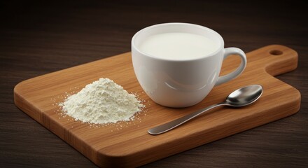Powdered milk beside a full mug and spoon on a wooden board against a dark brown wood grain background