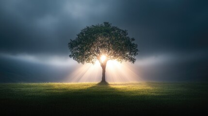Beautiful lone tree under dramatic cloudy sky with soft light rays and mist creating an enchanting and serene atmosphere in nature scene