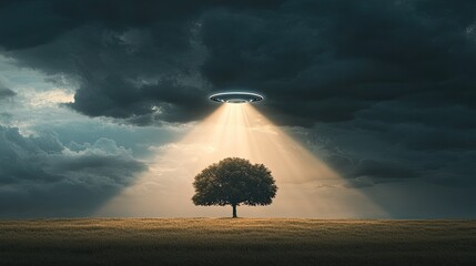Mysterious UFO Above Isolated Tree in Dramatic Sky with Dark Clouds and Rays of Light Illuminating Landscape During Twilight Hour