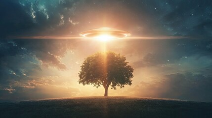 Mysterious Alien Light Above Solitary Tree at Dusk with Dramatic Clouds and Vibrant Atmospheric Effects