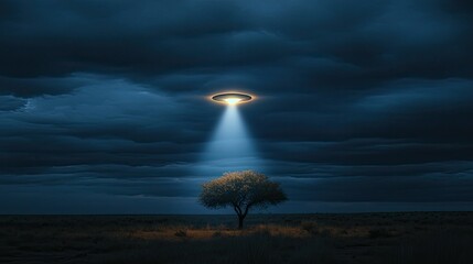 Mysterious UFO Over Isolated Tree in Dark Sky with Dramatic Clouds and Illuminating Beam of Light Shining Down on the Landscape at Night