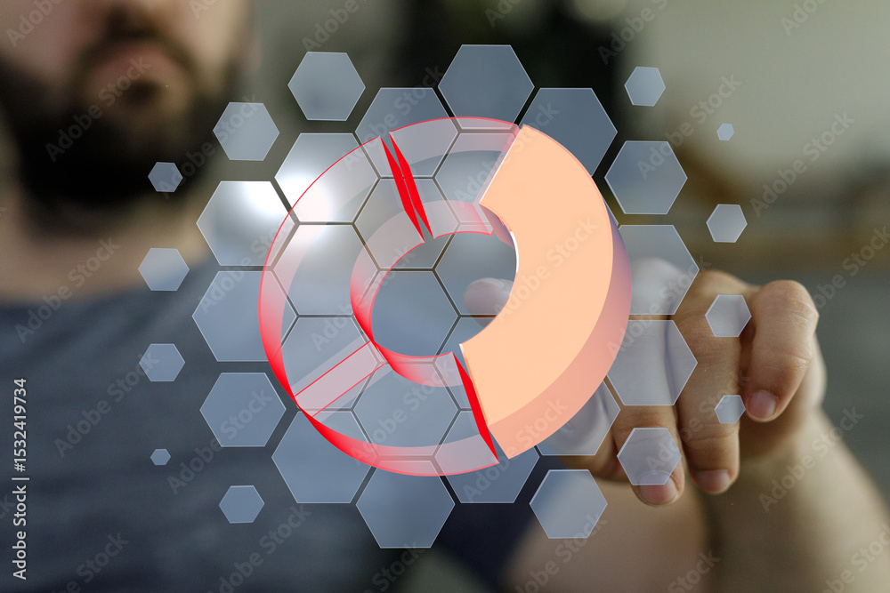 Poster Modern business analytics concept. Man interacts with a 3D pie chart on a touchscreen.