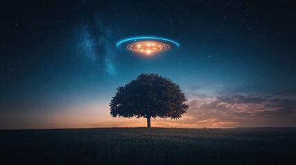 Enigmatic Tree Under Alien Spaceship with Stars and Galaxy in Night Sky, Surreal Landscape Imagery of Nature and Extraterrestrial Themes