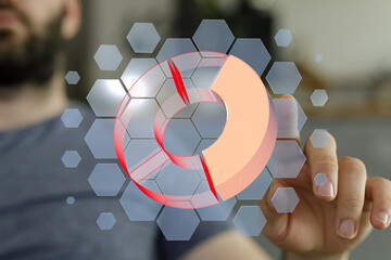 Person interacting with a 3D pie chart on a digital interface.  Modern technology concept.
