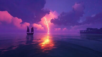 Majestic Stormy Sea Scene with Dramatic Lightning Bolt, Sailing Ship, Colorful Sky and Reflective Water at Dusk
