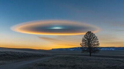 Majestic Lenticular Clouds Over Serene Landscape at Sunset with Isolated Tree and Vibrant Sky Colors