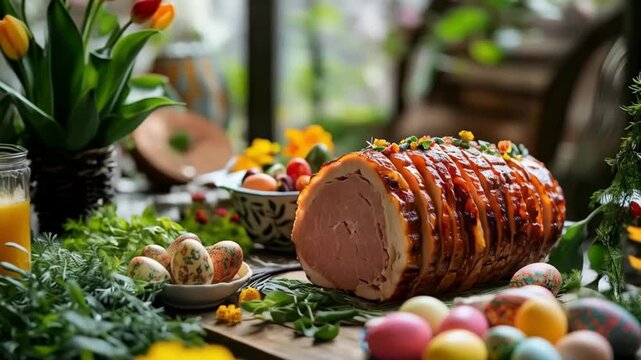 Festive Easter feast shines with vibrant eggs and glazed ham delight