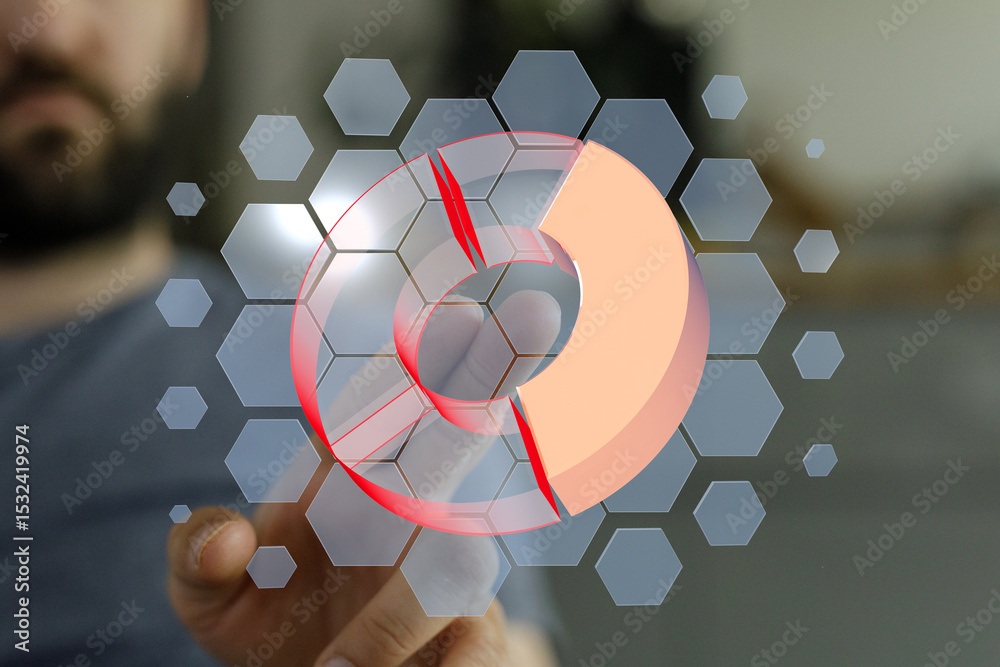 Poster Person interacts with a 3D pie chart on a touchscreen, showcasing data analysis and technology.