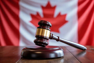 a polished wooden gavel resting on a stand, with the Canadian flag as a blurred backdrop, symbolizing justice and law