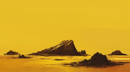 A rocky island formation emerges from calm, golden waters under a clear yellow sky, evoking a serene and surreal landscape.